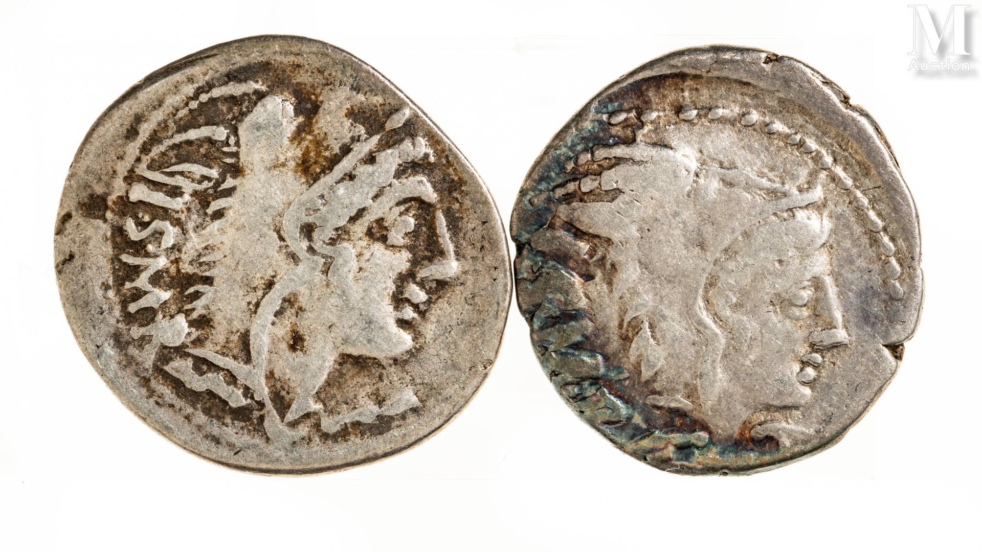 Rome - Thoria (105 av J.-C.) Lotto di due denari 
A: Testa di Giunone a destra 
&hellip;