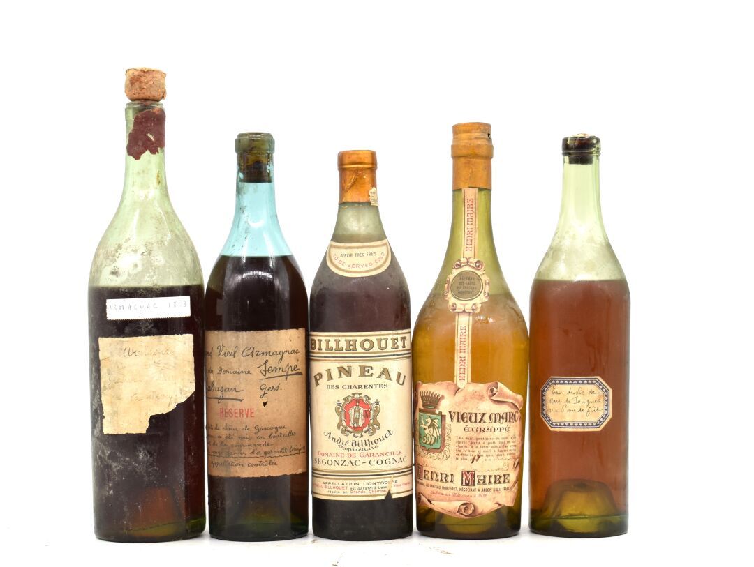 Réunion de 5 bouteilles de spiritueux comprenant : - 1 bouteille d'armagnac 1893&hellip;