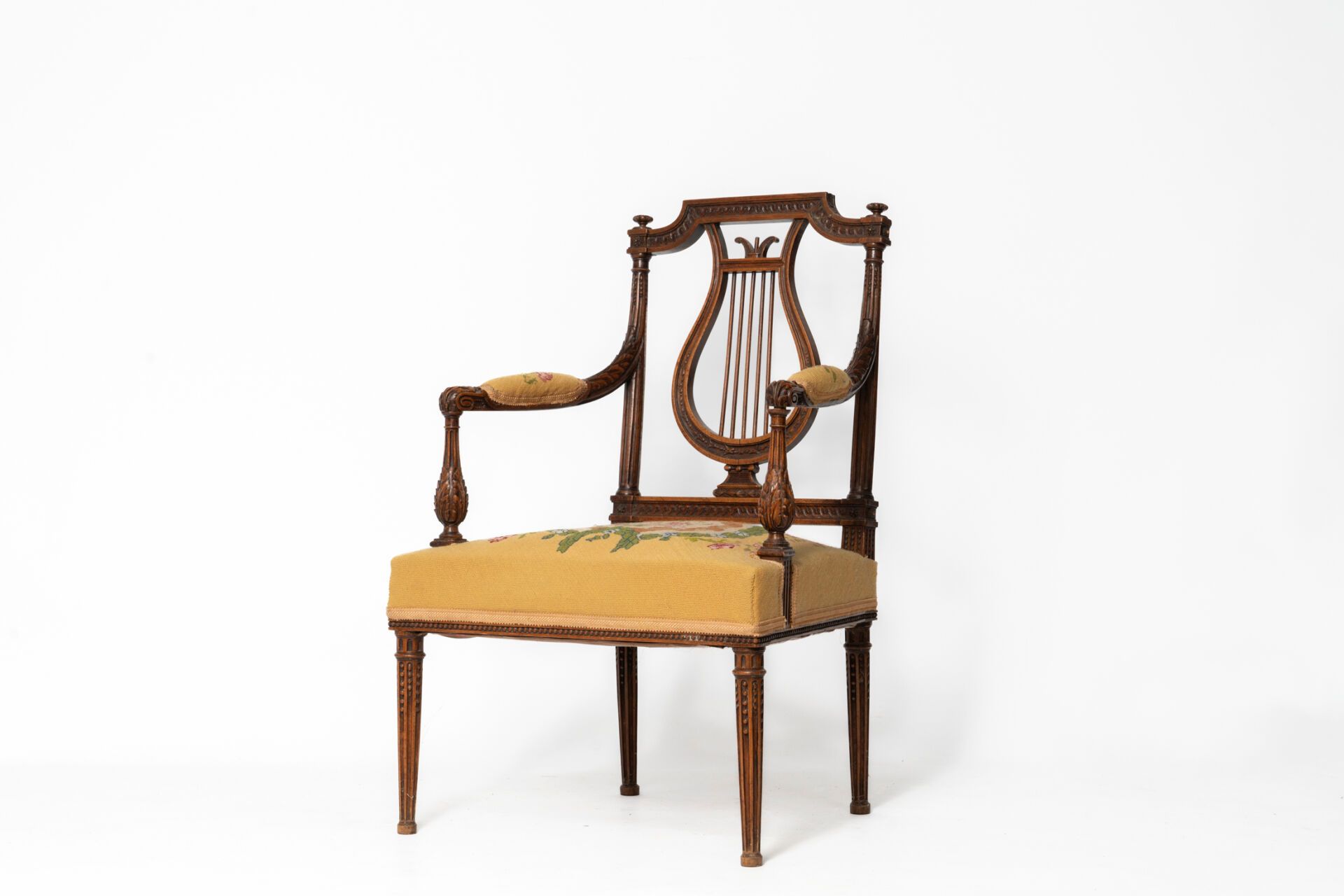 Null Walnut armchair with lyre back, yellow fabric upholstery. Louis XVI period.&hellip;