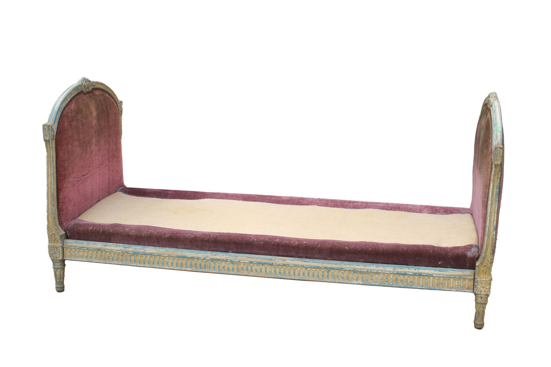 Null Holzbett mit Kopfteil und Bettkasten aus purpurfarbenem Samt. Epoche Louis &hellip;