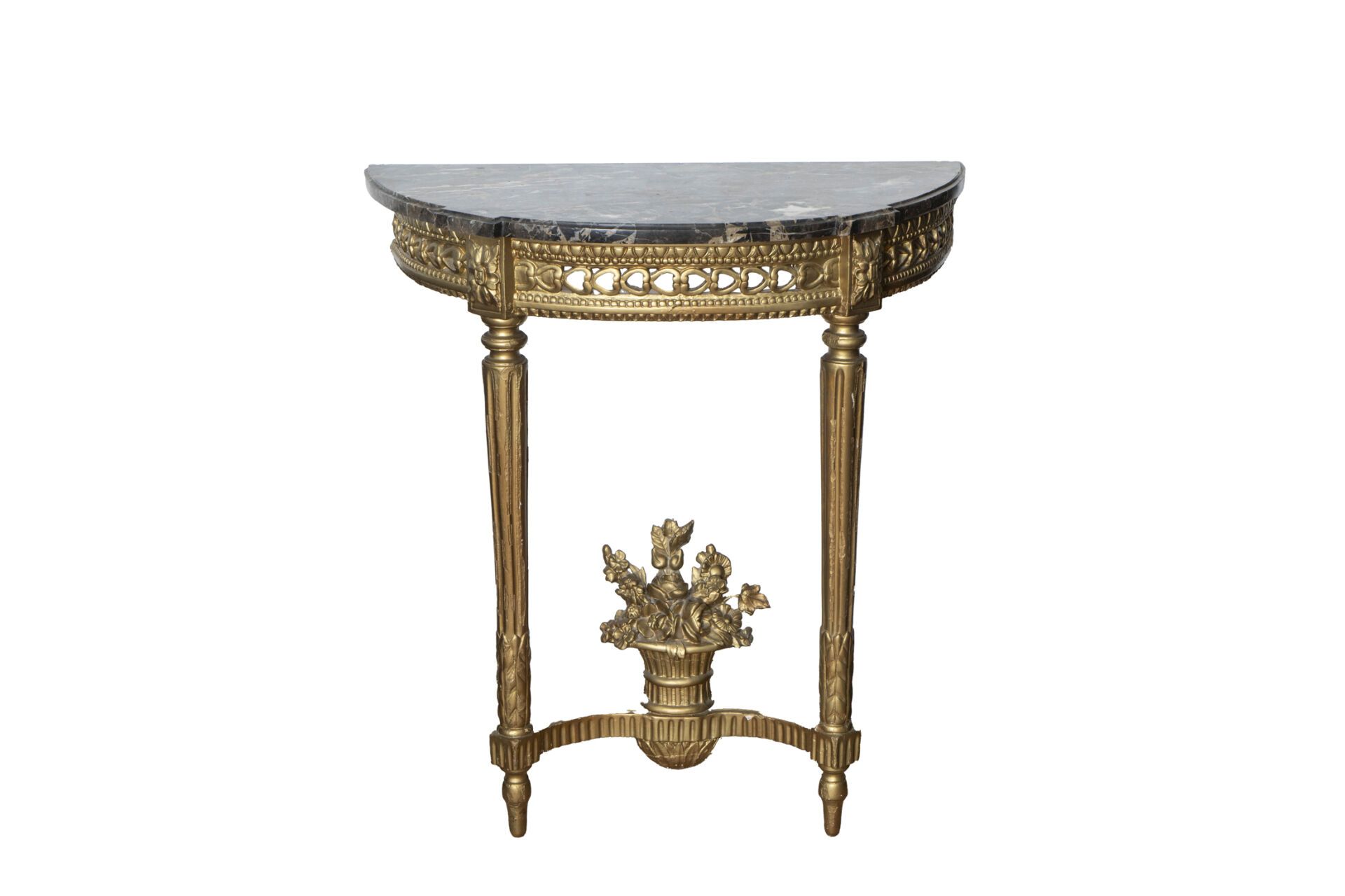 Null Wall-mounted gilded wood console, openwork belt, grey marble top with white&hellip;