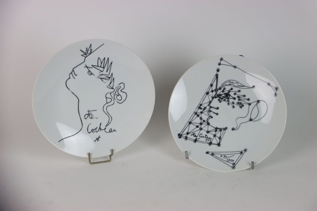 Null Jean Cocteau (1889-1963). Pair of plates decorated with male faces drawn by&hellip;