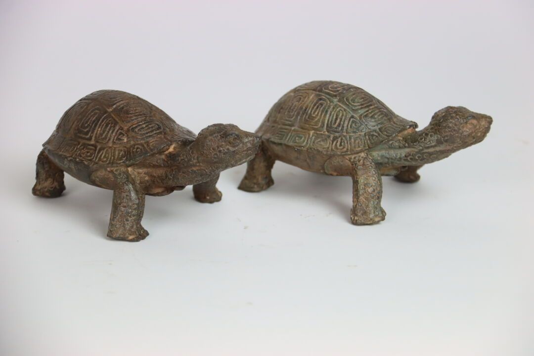 Null 皮埃尔-谢内（20世纪）（后）。一对青铜乌龟。已签名 长度：11厘米。
