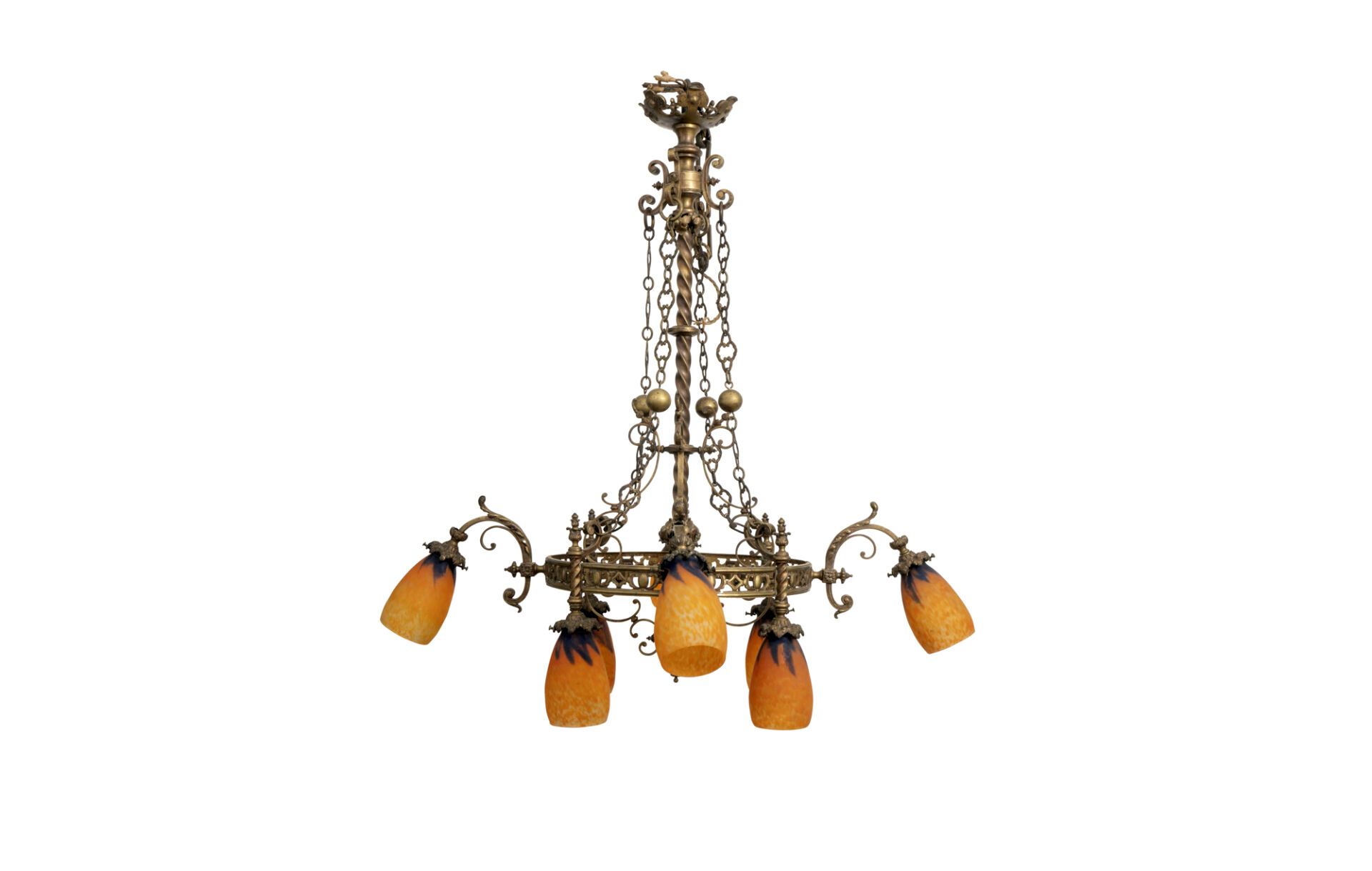 Null DAUM - Nancy. Suspension lamp with eight brass arms and tulip-shaped cover &hellip;