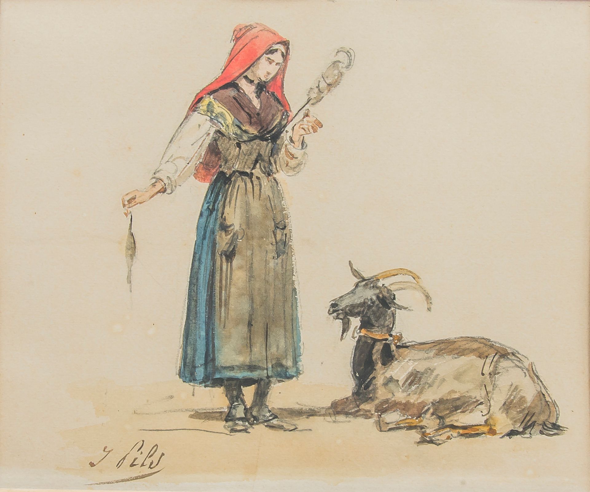 Isidore PILS (1815-1875), Shepherdess and her goat

Pencil and watercolor on pap&hellip;