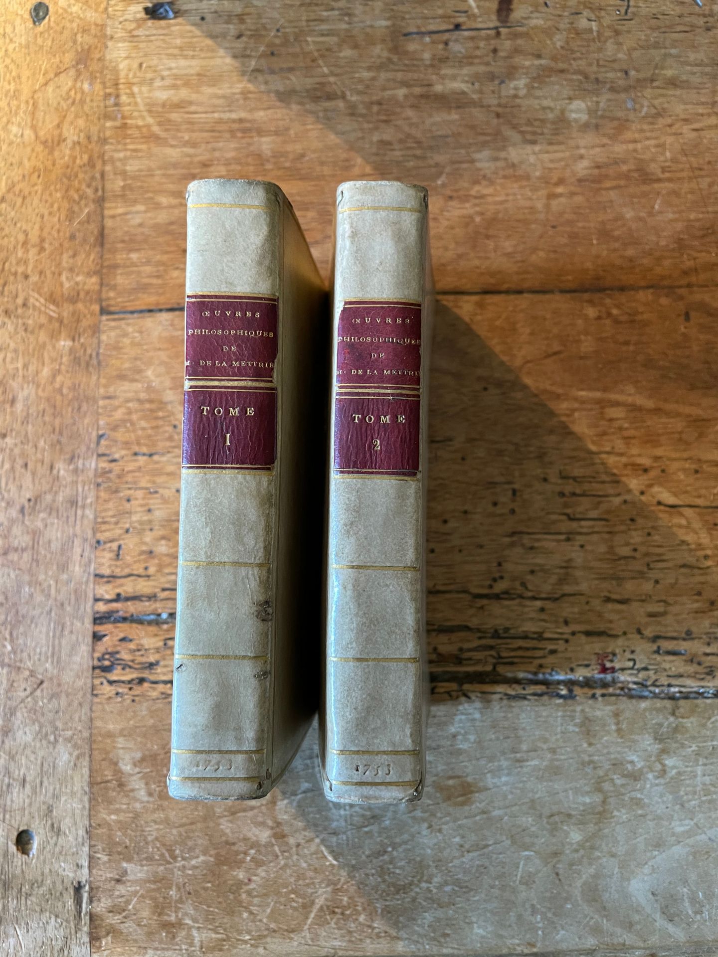 Null 拉梅特里。哲学作品》。阿姆斯特丹，1753年，2卷12开本，全牛皮纸，光滑的书脊，标题页