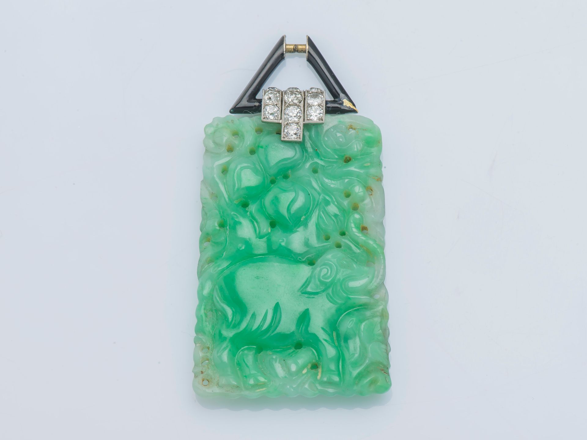 Null A pendant adorned with a jade jadeite plaque carved with an elephant on bot&hellip;