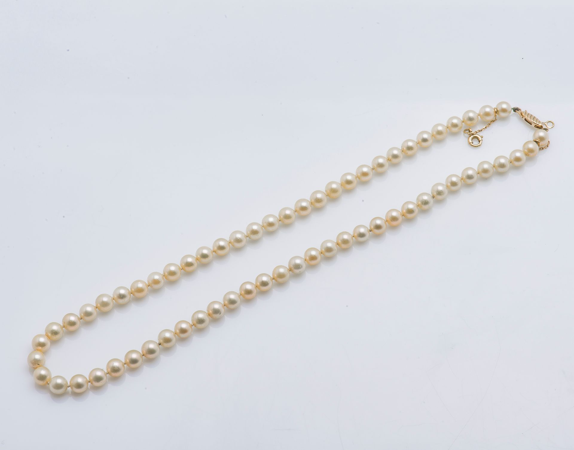 Null 香槟色的一排养殖珍珠项链，18克拉（75万分之一）的黄金橄榄扣，刻有波浪图案。珍珠的直径约为5.7毫米。

长度：40厘米 毛重：18克