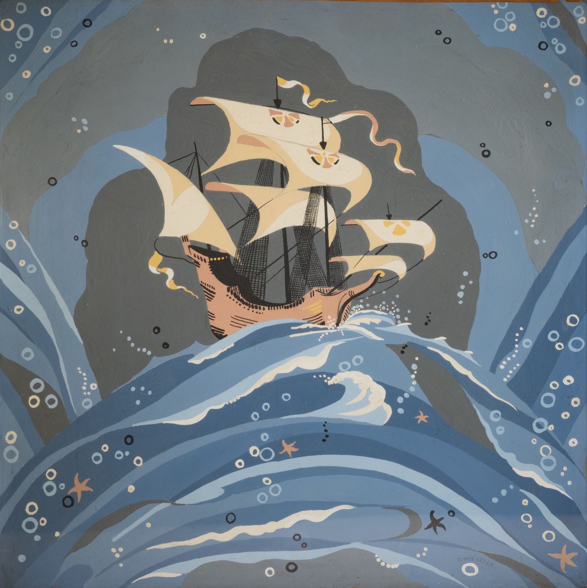 Null Pierre KEFER (20世纪) 
护卫舰 
纸上水粉画，右下角有签名。 
尺寸：46 x 47厘米