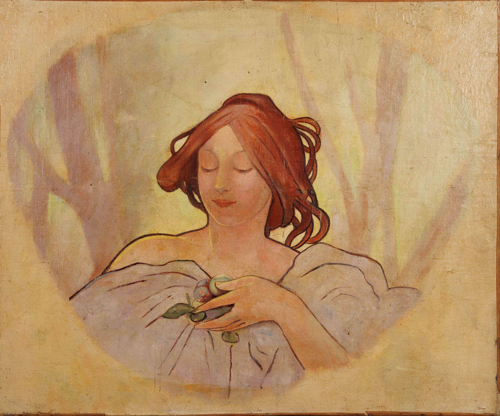 Null Ecole Art Nouveau 
Portrait de femme aux fruits 
Huile sur toile.
Dim. : 46&hellip;