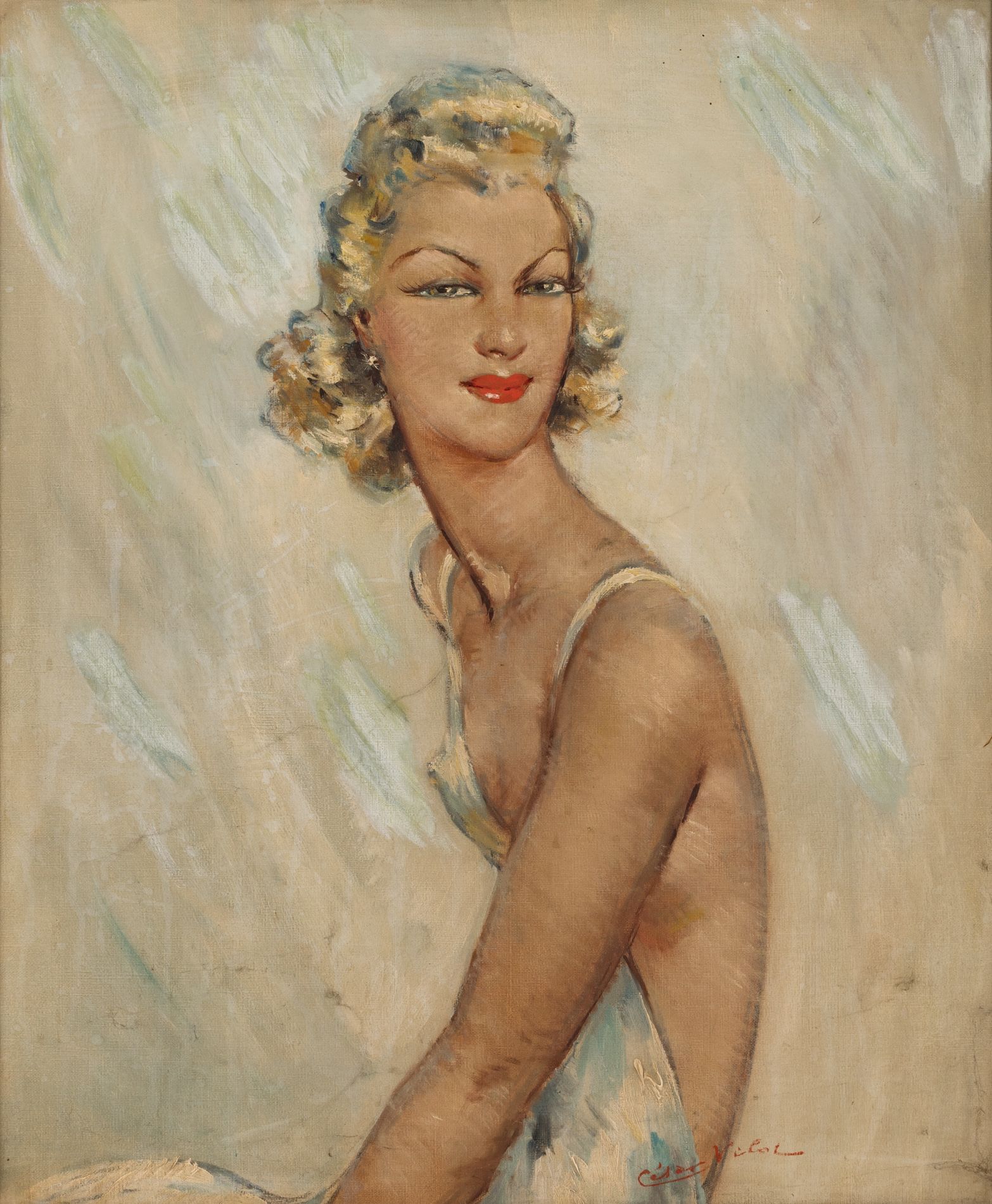 Null César VITAL (siglo XX) 
Retrato de una dama elegante 
Óleo sobre lienzo fir&hellip;