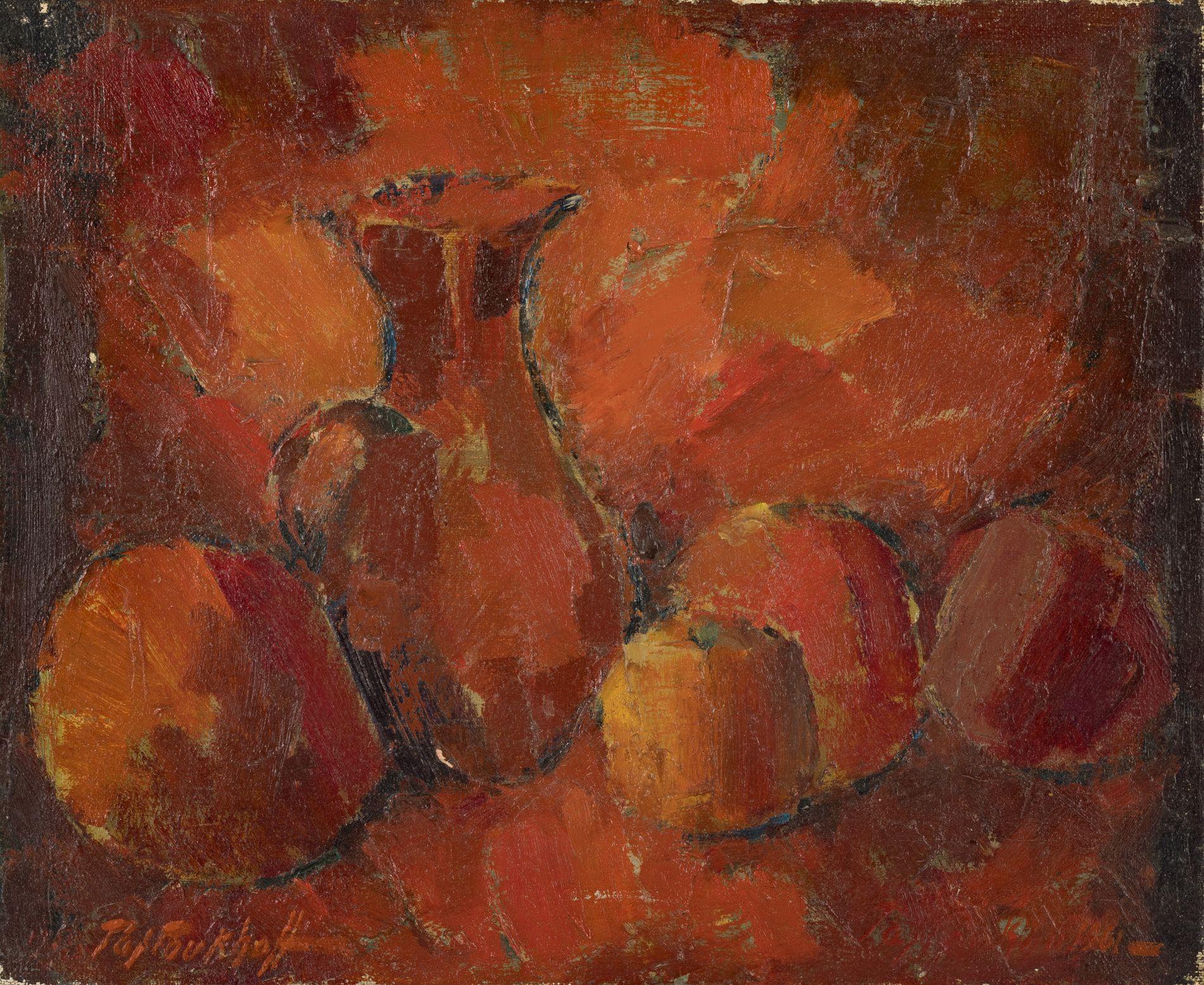 Null 鲍里斯-帕斯托克霍夫 (1894-1974) 
有水果和水壶的静物画 
布面油画，右下角有签名。 
尺寸：38 x 46 cm
