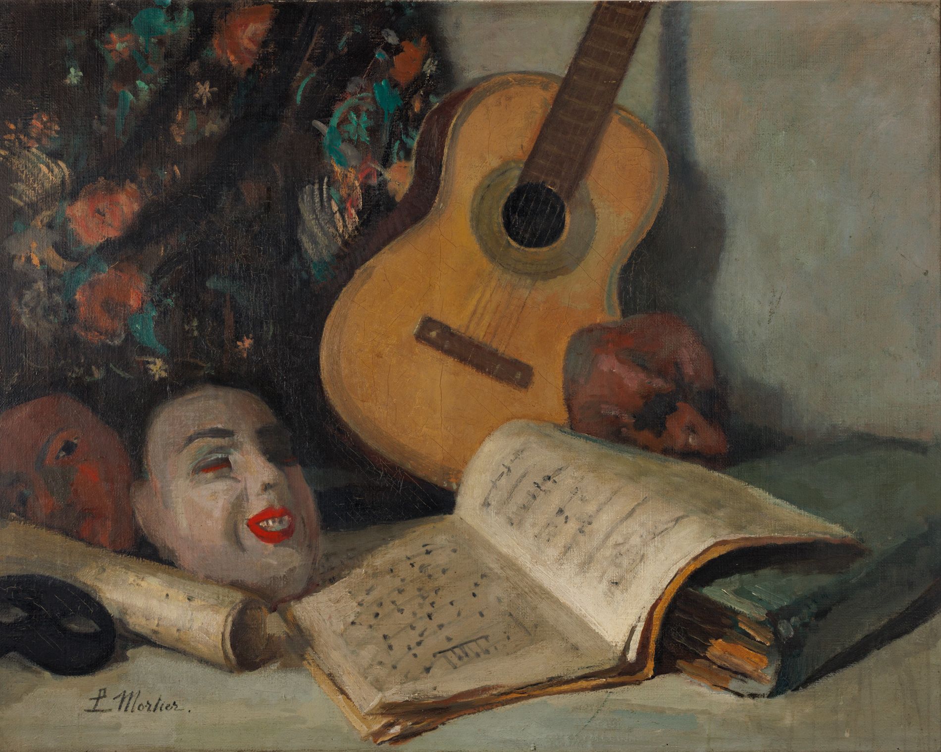 Null P. MORTIER (siglo XX) 
Bodegón con máscaras 
Óleo sobre lienzo, firmado aba&hellip;
