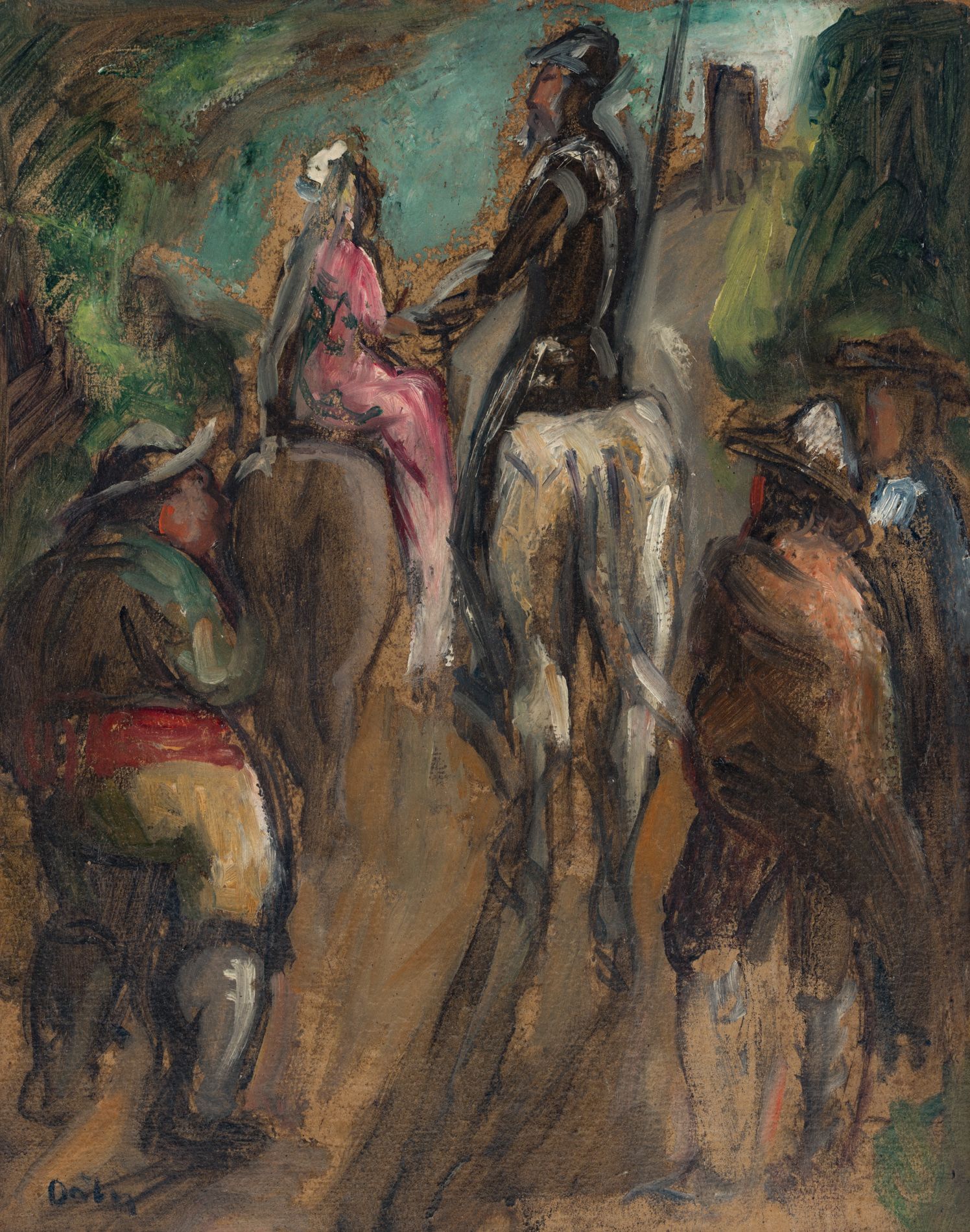Null ORTIZ (XXème siècle) 
Hommes à cheval 
Huile sur carton signée en bas à gau&hellip;