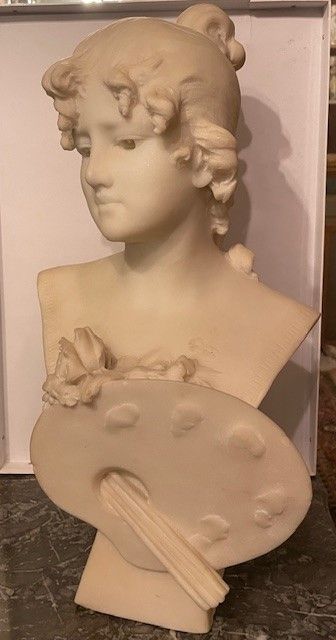 Null Marble bust of a young painter with her palette, signed "Gauthier à Paris".&hellip;