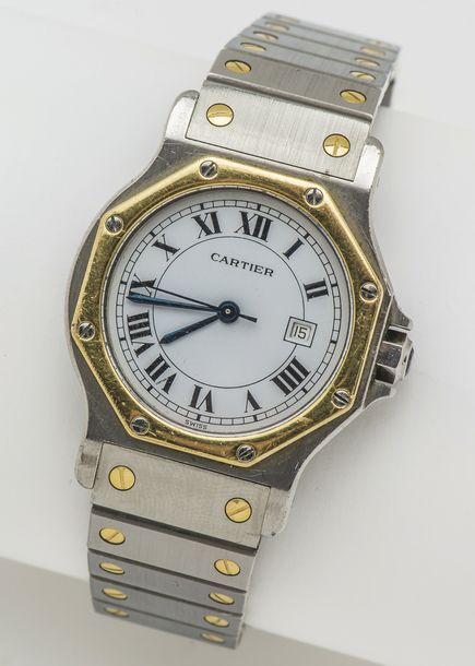 CARTIER Montre «Santos ronde» en or jaune 18 carats (750 millièmes) et acier, le&hellip;