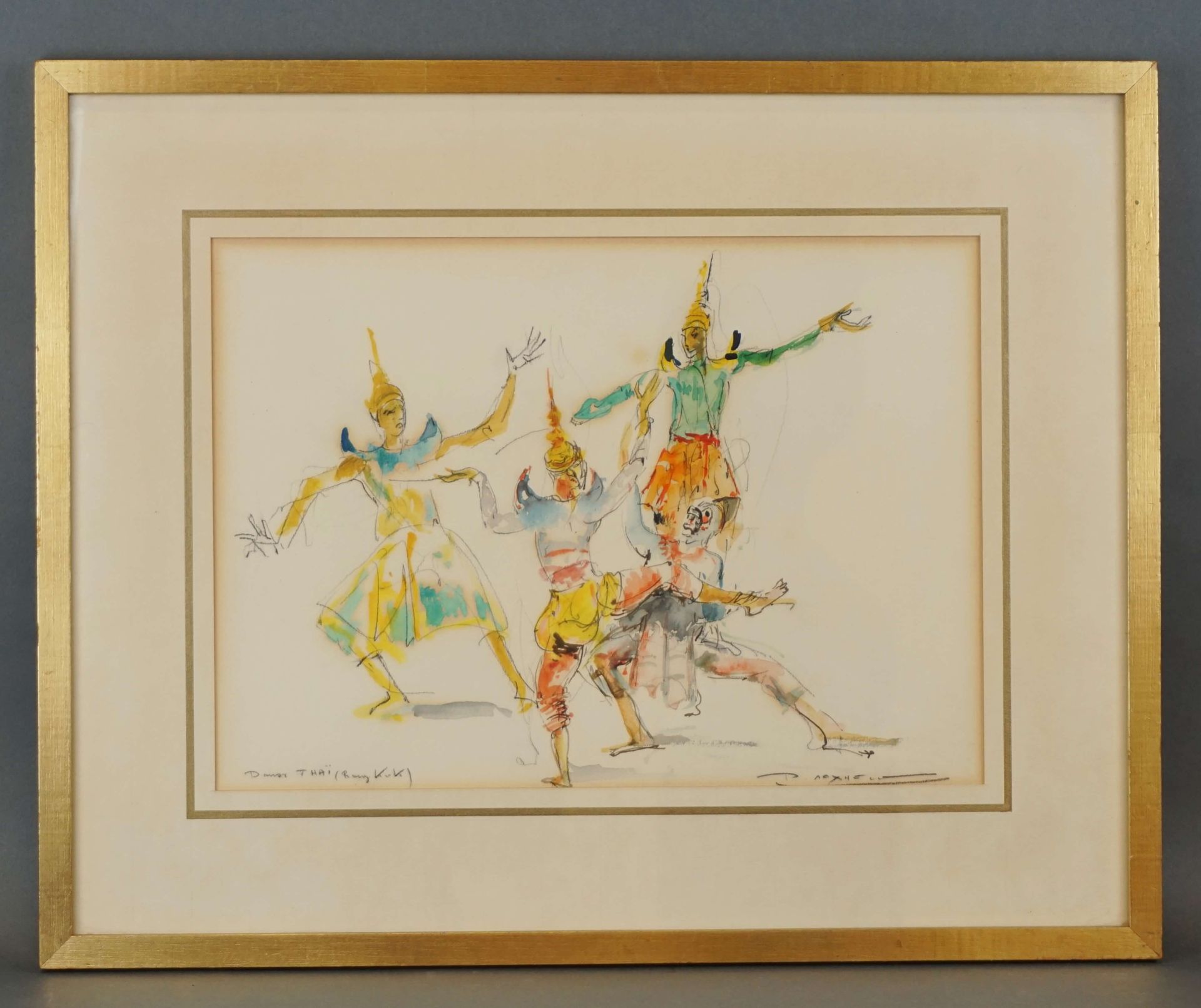 DAXHELET Paul (1905-1993) 签名为P. Daxhelet的水彩画 "泰国舞蹈"。25x34厘米