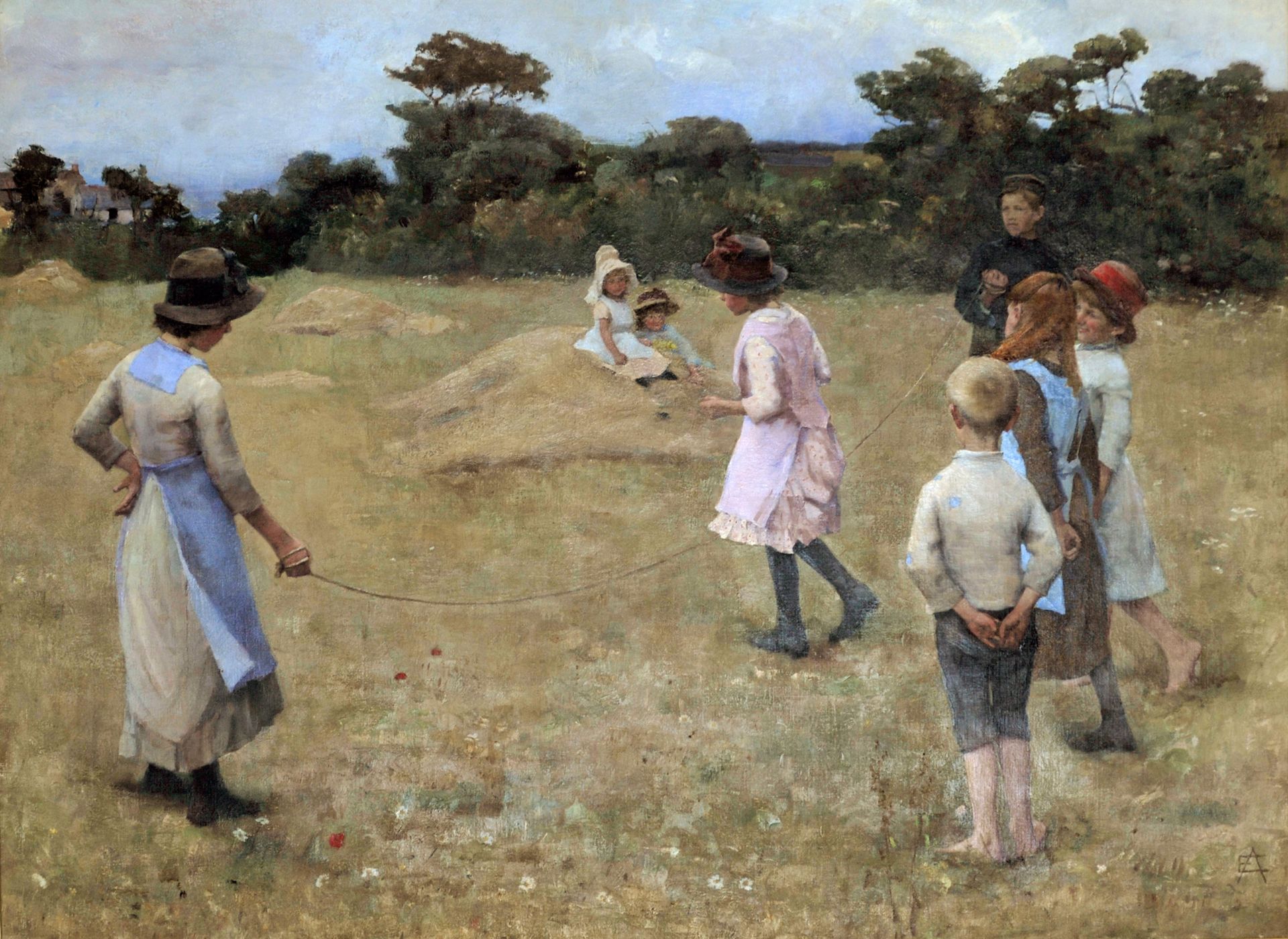 STANHOPE FORBES Elizabeth Adela (1859-1912) 
伊丽莎白-阿德拉-斯坦霍普-福布斯的布面油画纪念品 "玩跳绳的孩子"。&hellip;
