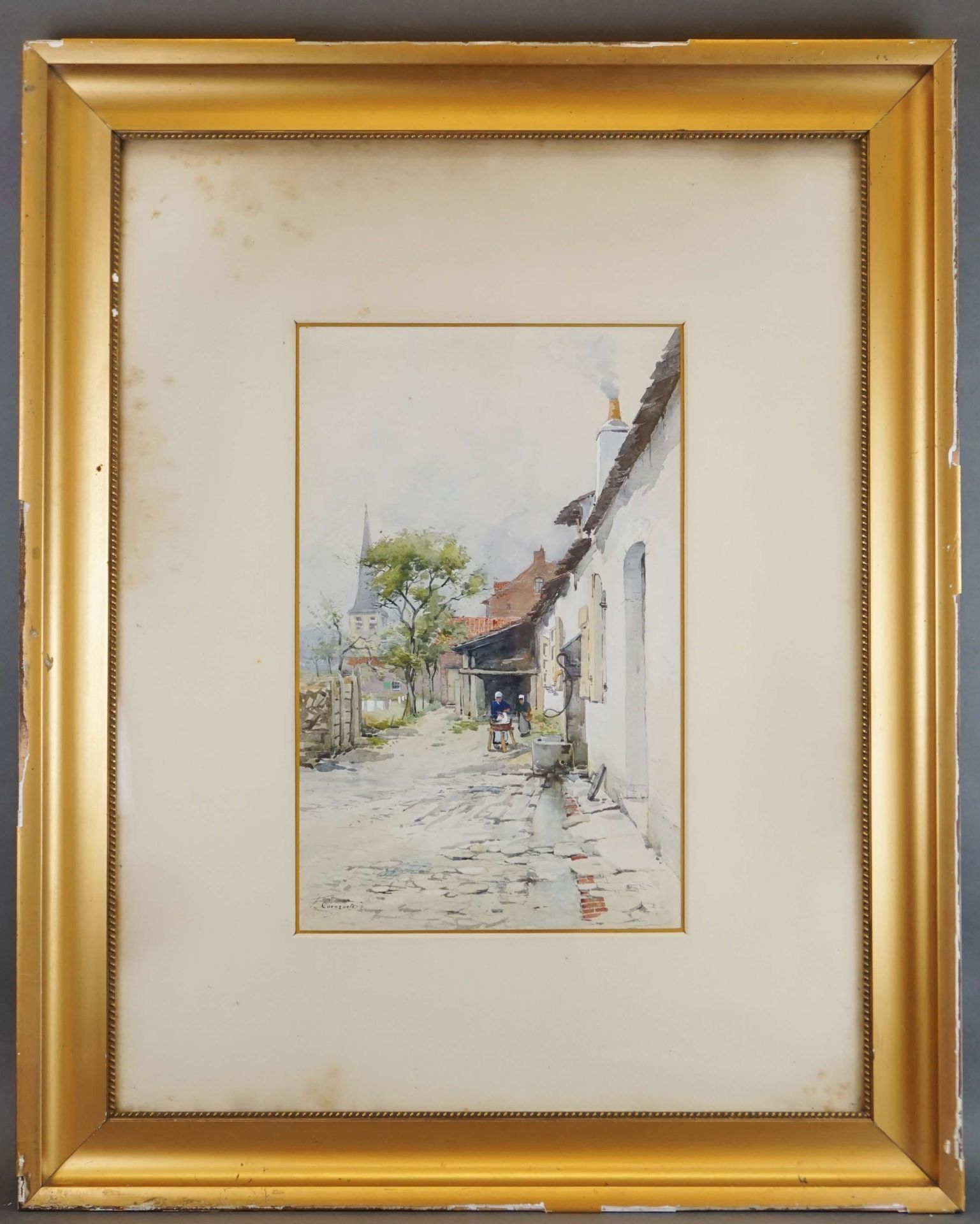 COENRAETS Ferdinand (1860-1939) 签名为F.Coenraets的水彩画《繁忙村庄的景色》。44x28厘米