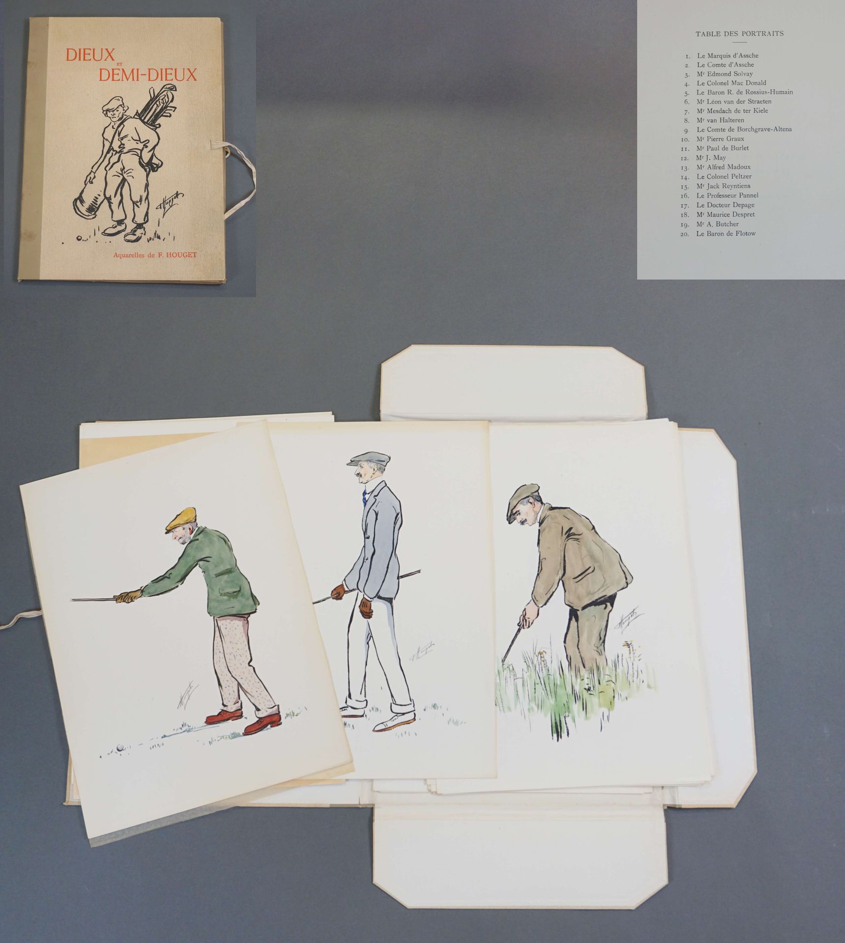 HOUGET Fernand (1883-1961) 水彩版画 "Dieux et demi dieux "文件夹，包括20幅高尔夫球员的肖像，其中包括D'As&hellip;