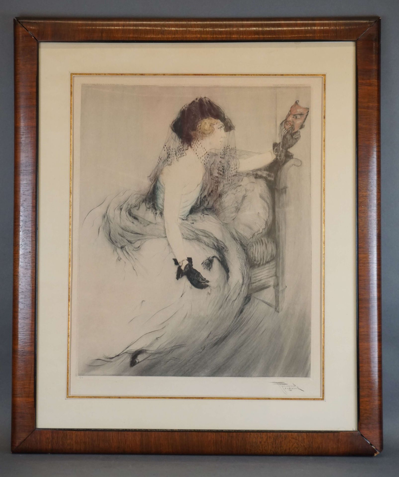 TOUSSAINT Fernand (1873-1955) 有费尔南-图桑签名的石版画《戴面具的女人》。54x42厘米