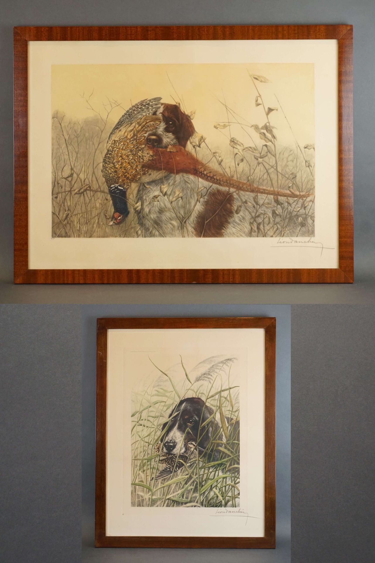 DANCHIN Léon (1887-1938) 2幅署名为Léon Danchin的版画《Chiens de chasse》。36x56厘米和40x30厘米