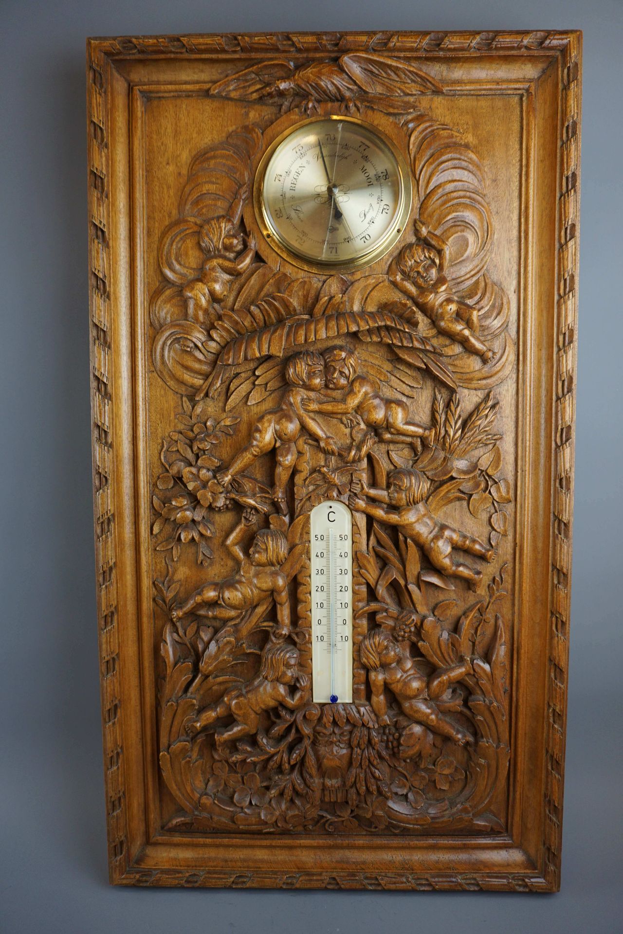 Null Barometer/Thermometer aus Holz geschnitzt. 65x35 cm