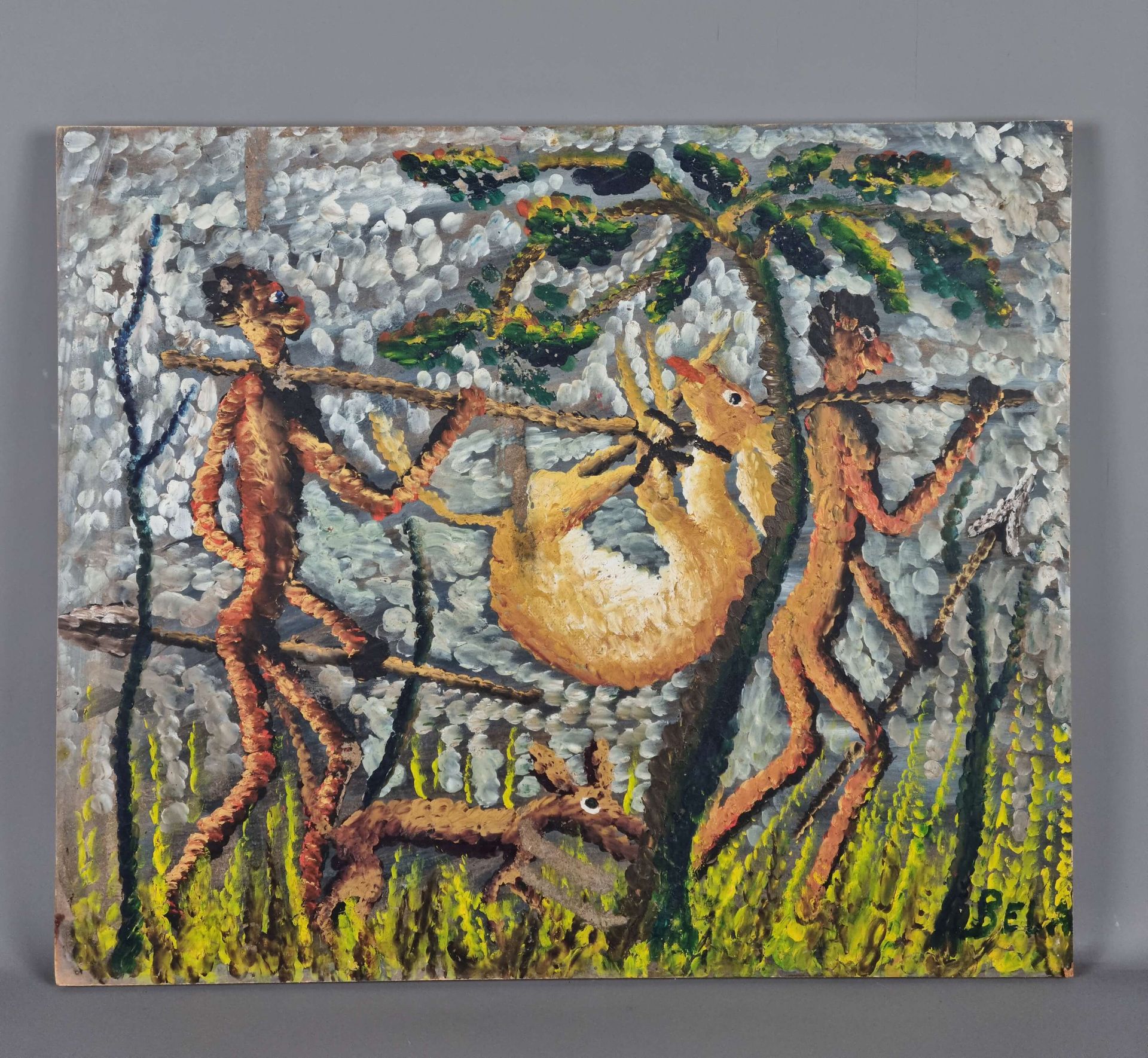 BELA (1940-1968) 签名为Bela "Retour de chasse "的单色油画。出处：作品由家族在刚果获得。50x60厘米