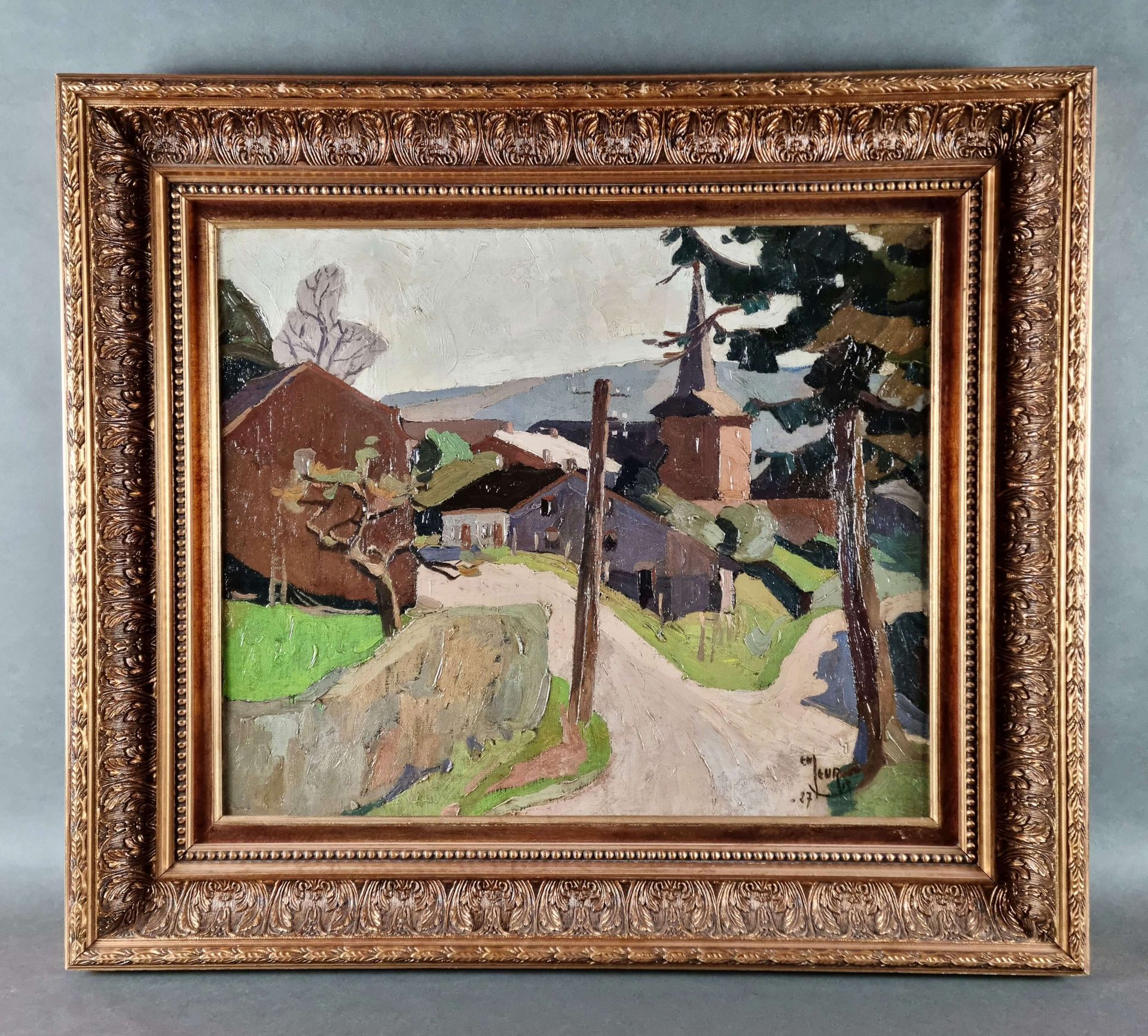MEURIS Emmanuel (1894-1969) 布面油画，署名Em。Meuris "Fraipont的景色"。日期为27日。55x65厘米
