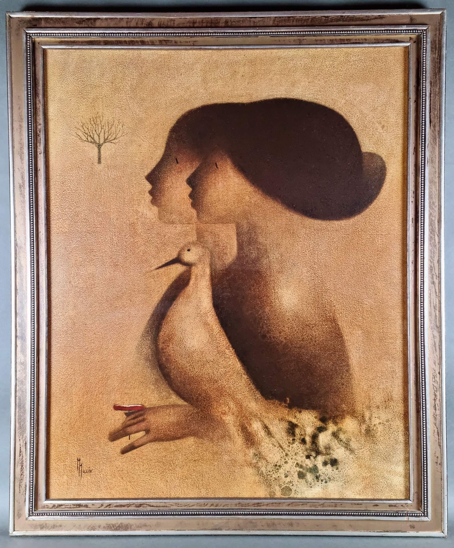 MUSIN Maurice (1939) 签名为M. Musin的油画 "Les fiancés à l'oiseau"。100x81厘米