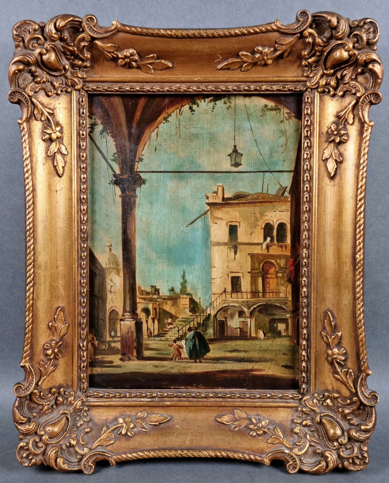 VAN MOER Jean Baptiste (1819-1884) 签名为JB van Moer的板上油画 "威尼斯的动画景观"。27x20厘米