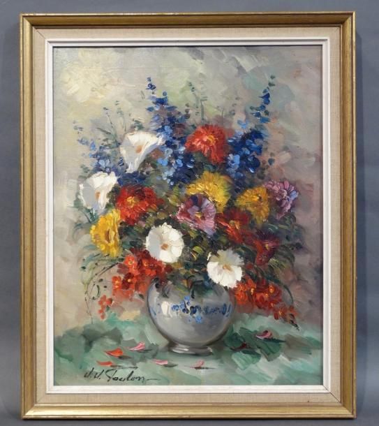 FOULON Jean-Jacques Huile sur toile signée JJ Foulon "Vase fleuri". 50x40 cm