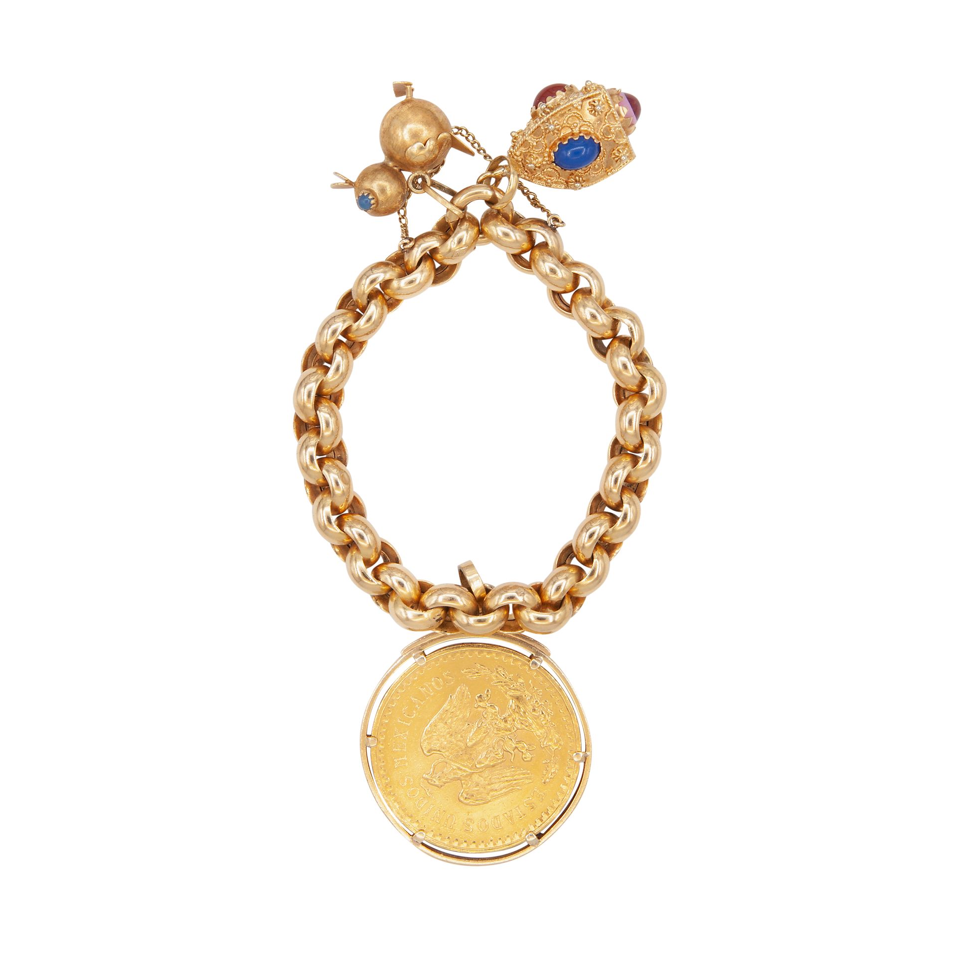 Null 18 kt yellow gold bracelet with 3 pendants: one 50 pesos pendant, one goose&hellip;