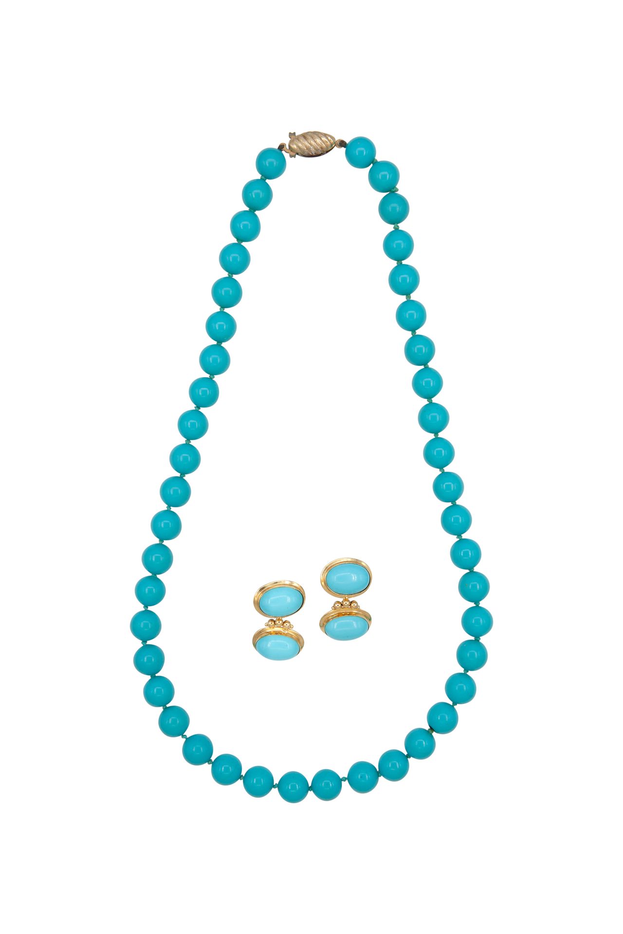 Null parure necklace and earrings in turquoise paste. Necklace length 42 cm, ear&hellip;