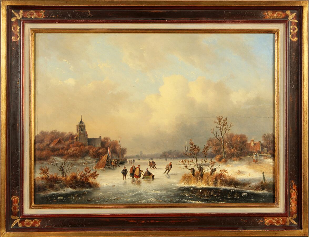Null 19世纪的荷兰ECOLE

冬季景观与滑冰者

板面油画，右下角署名Ahundts（？

裂缝

高度43.5厘米 - 宽度61厘米