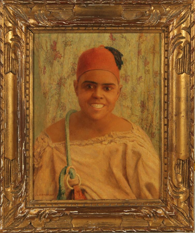 Null 路易斯-奥古斯特-吉拉尔多(1856-1933)

年轻的阿拉伯人笑着说

板面油画，左下角有签名

高度34厘米 - 宽度26厘米