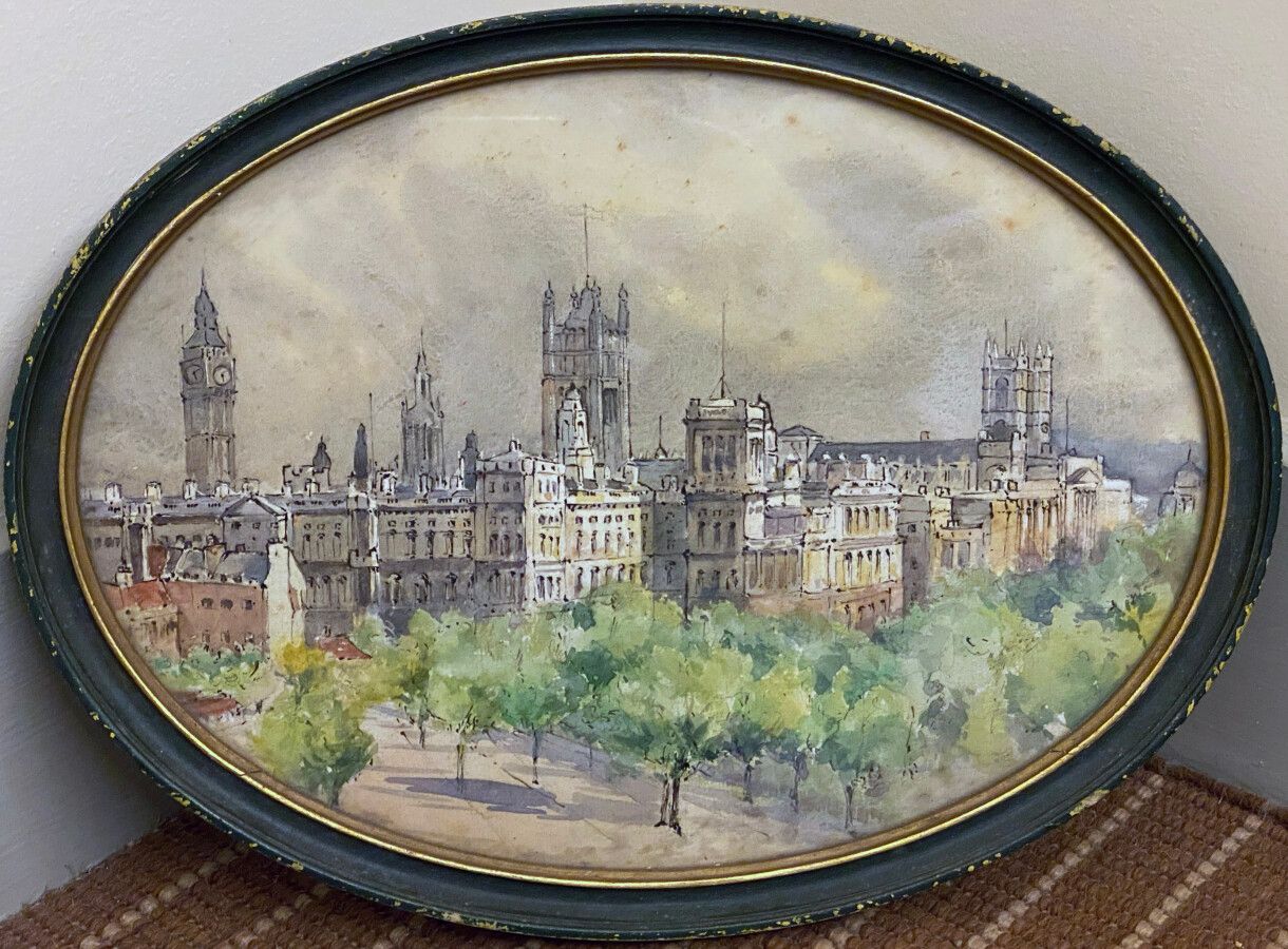 ECOLE ANGLAISE DU XXE SIÈCLE 
Vue du Parlement à Londres 
Dessin ovale, aquarell&hellip;