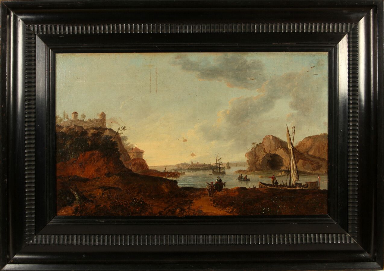 Null 18世纪末-19世纪初的荷兰学校

有渔民和旅行者的意大利景观

布面油画，左下方有AR字样

旧的修复体

高度50厘米 - 宽度80厘米

熏黑的&hellip;
