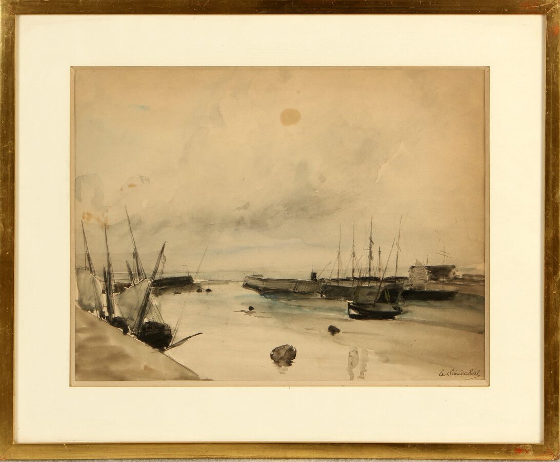 GUSTAVE ÉDOUARD LE SÉNÉCHAL DE KERDREORET (1840-1920) 
Le petit port 
Aquarelle,&hellip;