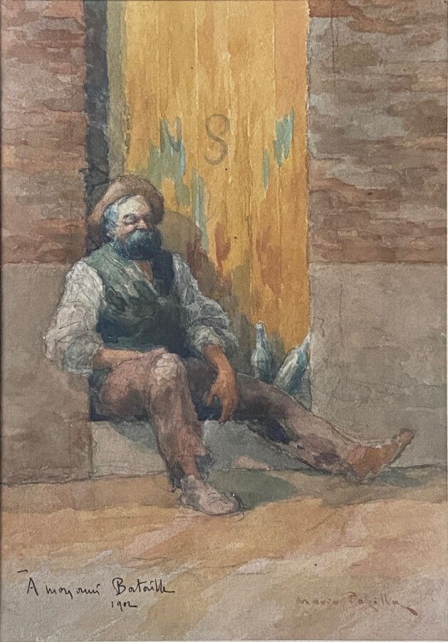 Mario PEZILLA (XIX-XXe siècle) 
Le repos du buveur 
Aquarelle et crayon sur papi&hellip;