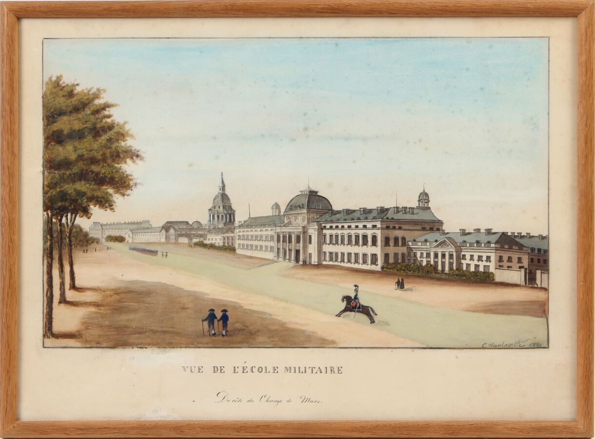 Null C.丹拉维勒（19世纪）

从香榭丽舍大街眺望军事学院

纸上铅笔和水彩画，右下方有签名，日期为1830年

褪色

高32.5厘米 - 宽44厘米
&hellip;