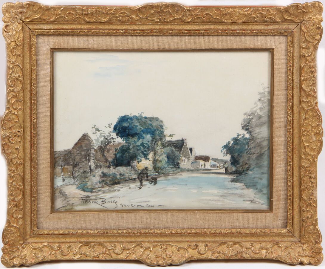 Null 弗兰克-博格斯(1855-1926)

Grosrouvre的繁忙街道

纸上炭笔和水彩画，左下角有签名、标题和日期1904年

高度30厘米 - 宽&hellip;