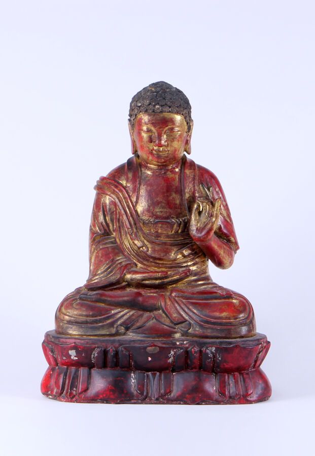 Null BUDDHA in red lacquered and gilded wood, he is represented sitting on a lot&hellip;