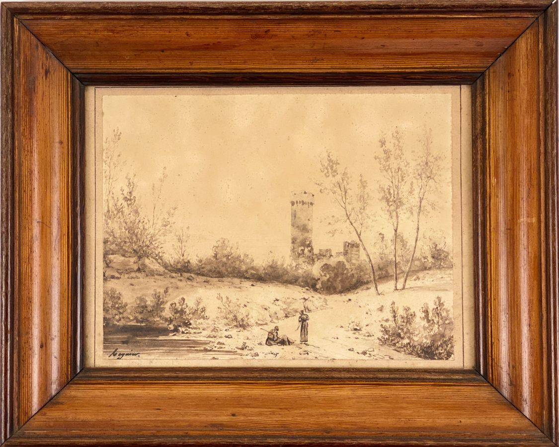 Null [未售出]

19世纪的法国经济学家

有两个人物的湖泊景观，远处有一座塔。

水墨画，左下角署名：Regnier

高14厘米 - 宽19厘米

在&hellip;
