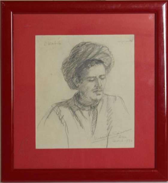 Marion SENONES, XXe siècle BUSTE D'HOMME AU TURBAN Dessin au crayon, signé en ba&hellip;