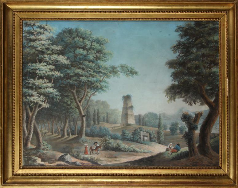 Null ÉCOLE FRANÇAISE DU XIXe SIÈCLE
Paysage animé avec ruines
Pastel et gouache
&hellip;