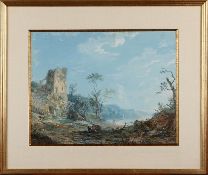 Null CLAUDE I THIENON (1772-1846)
Paysage lacustre animé de bergers et ruines
Aq&hellip;