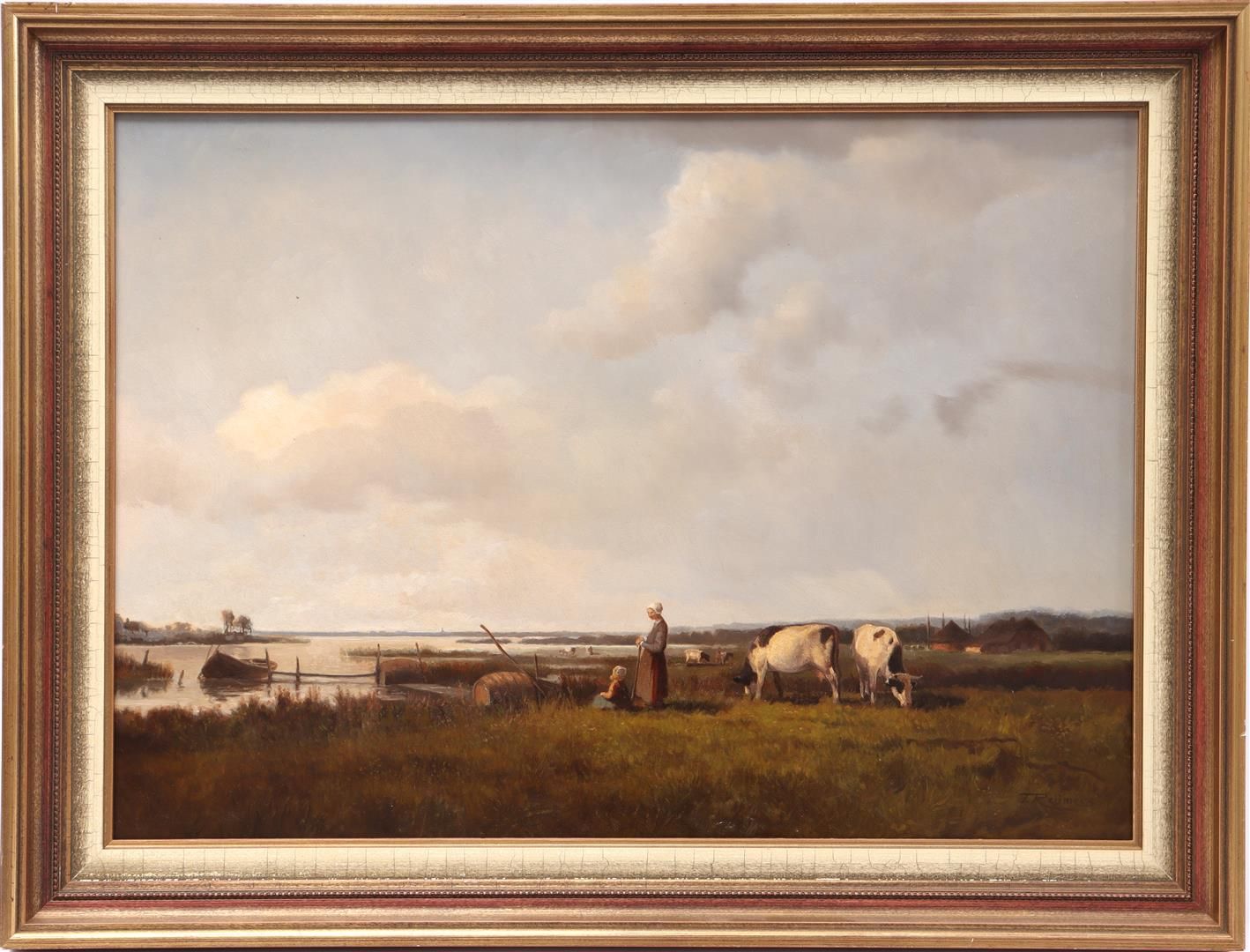 Signed T Reijmers 签名：T Reijmers，荷兰风景画，湖边有女人和孩子以及奶牛，帆布50x70厘米