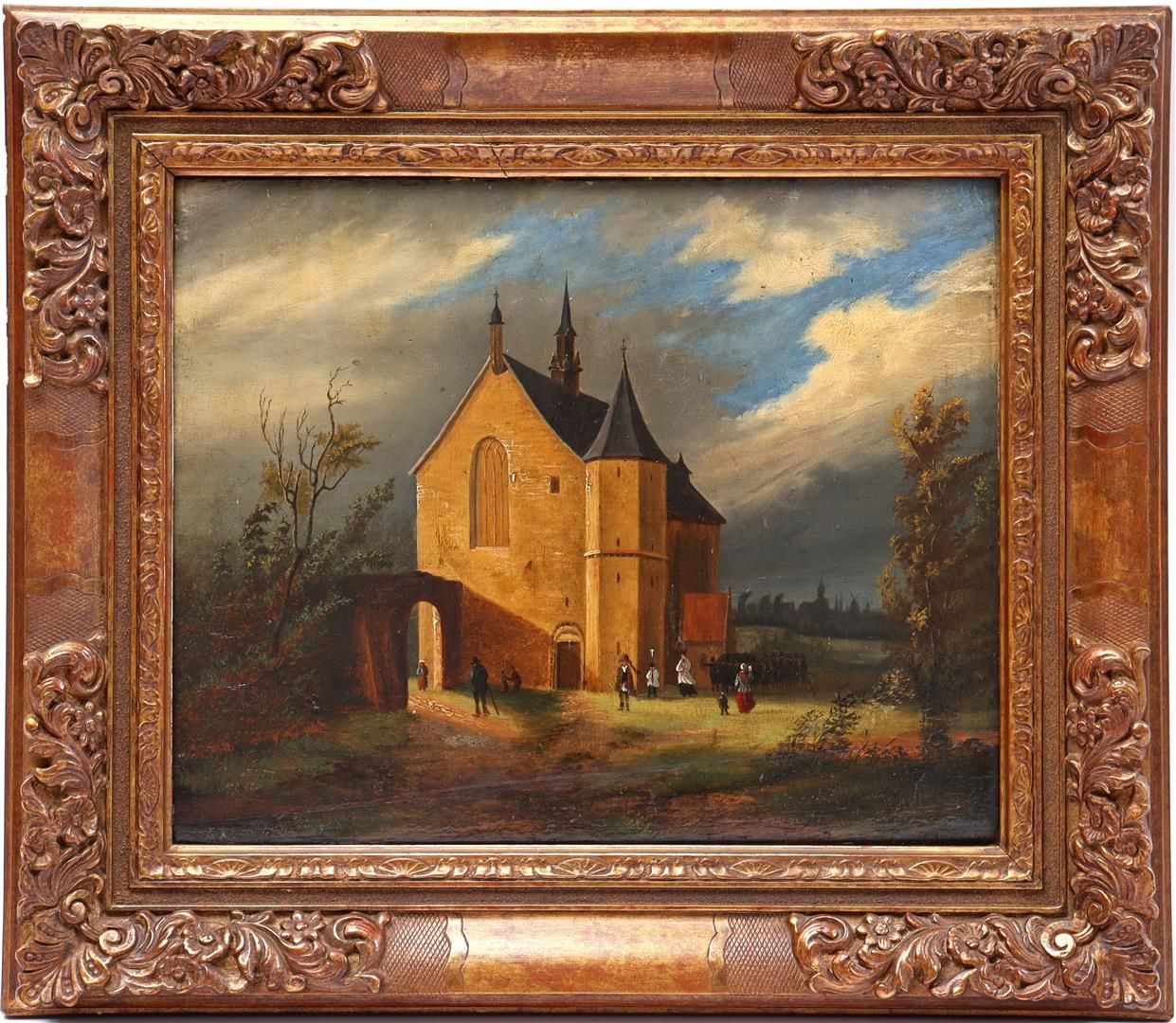 Anonymous Anonyme, paysage avec église et procession, panneau 19e siècle, 30x38 &hellip;