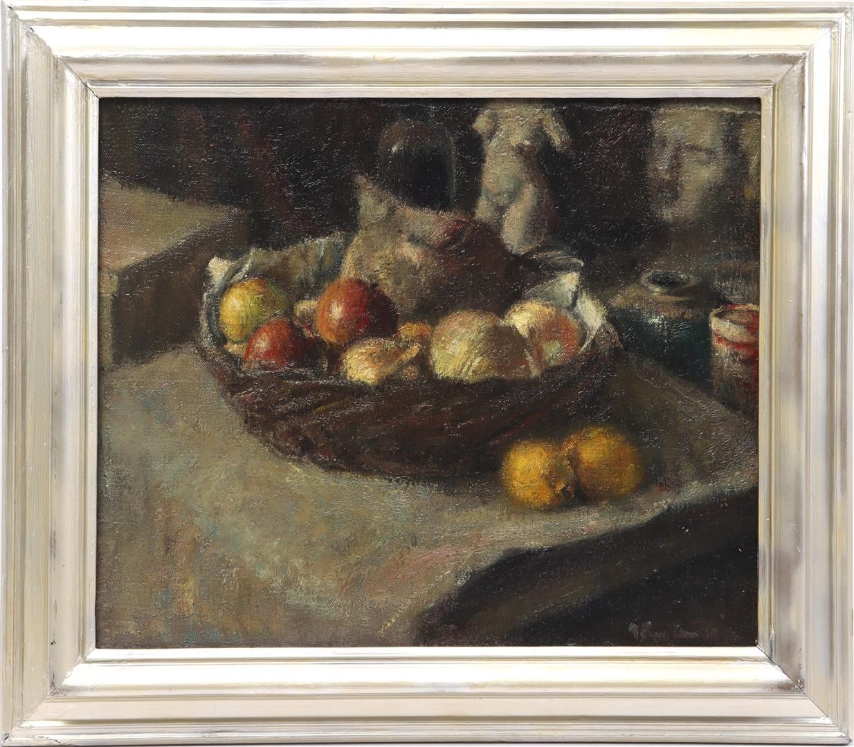 Unclearly signed Unclearly signed, still life with basket of mixed fruit and oni&hellip;